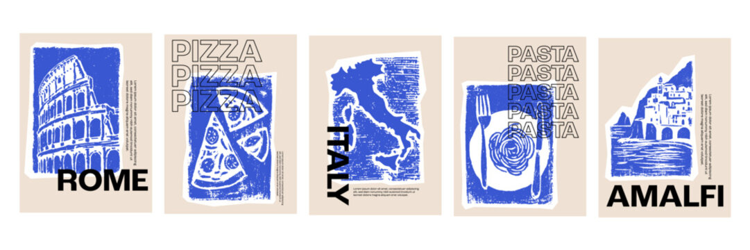 Vintage italian travel poster set with rome colosseum pizza italy map pasta and amalfi coast illustrations in retro linocut print style