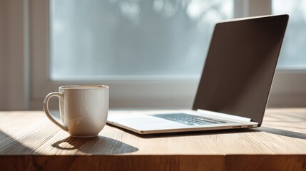 Fototapeta premium Cozy Workspace with Laptop and Coffee Cup