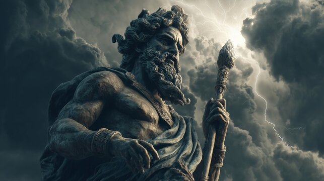 Zeus stands ready to unleash his power from high above the earth with lightning and thunder in the dark sky