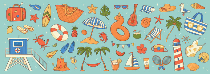 Summer and beach vacation themed doodles, cartoon elements, clip art collection for stickers, cards, prints, invitations, banners, social media visuals, posters, stationery © Натали Осипова