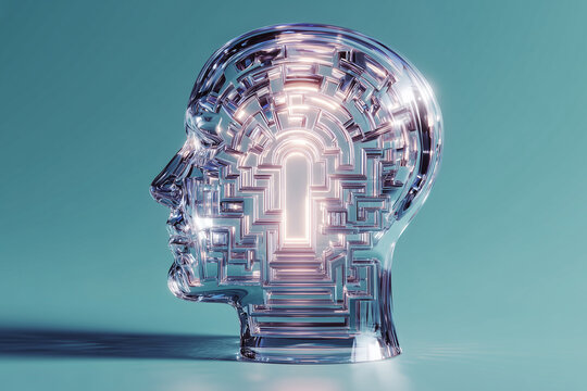 A glass head of a person, inside which a labyrinth is visible, and in the center is a glowing door. The human inner world. The search for a way out of a difficult situation.