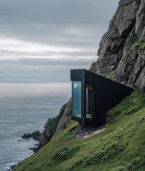 Small black cabin with large glass window located on rocky cliff by the ocean © faveteart