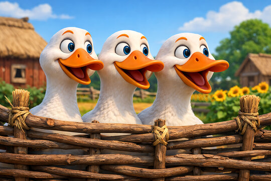 Three happy white farm geese standing behind a traditional wattle fence in a barnyard with sunflowers and wildflowers 3D render cartoon style,