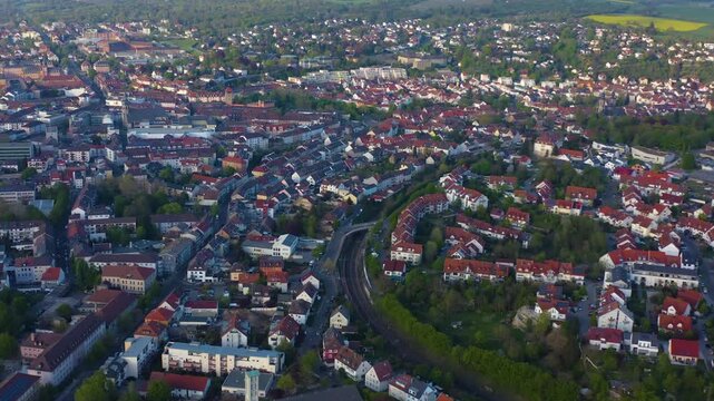 Aerial view of the city Bruchsal in Germany on a cloudy spring day 