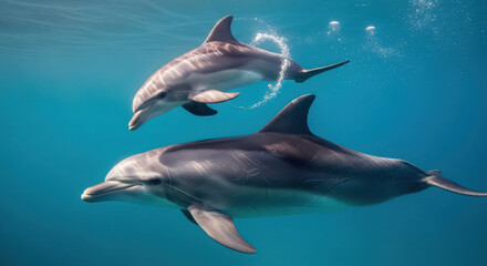 Fototapeta premium Two dolphins swimming underwater in clear blue ocean with bubbles rising