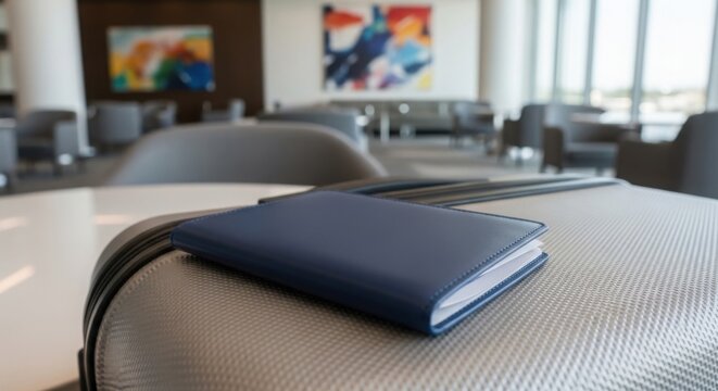 A sleek dark blue leather passport holder rests atop a textured silver hardshell carry-on suitcase inside a modern, softly blurred airport lounge featuring comfortable seating and vibrant wall.