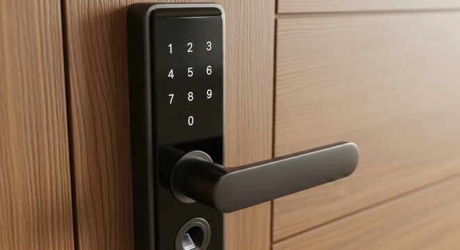 A sophisticated modern electronic smart door lock featuring a sleek black touch keypad interface and a robust ergonomic handle mounted securely onto a high quality natural wood grain textured door.