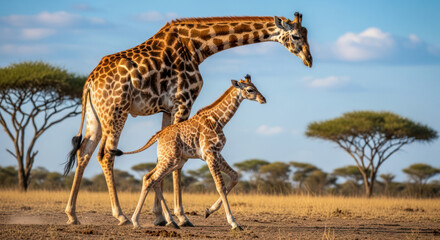 Obraz premium A giraffe and a baby giraffe walking side by side in a savannah with acacia trees under a blue sky.