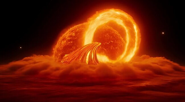 Cinematic solar flare eruption in deep space, glowing orange sun surface with plasma loops, cosmic energy explosion above nebula clouds