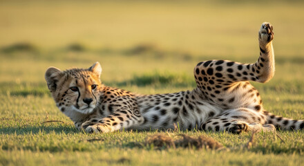 Fototapeta premium A cheetah lying on its side in a grassy field with one leg raised.