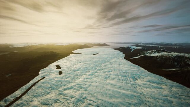 Expedition aircraft approaching vast icefield at low altitude, crew preparing landing and logistics for field research, cold tundra and rugged coastline visible