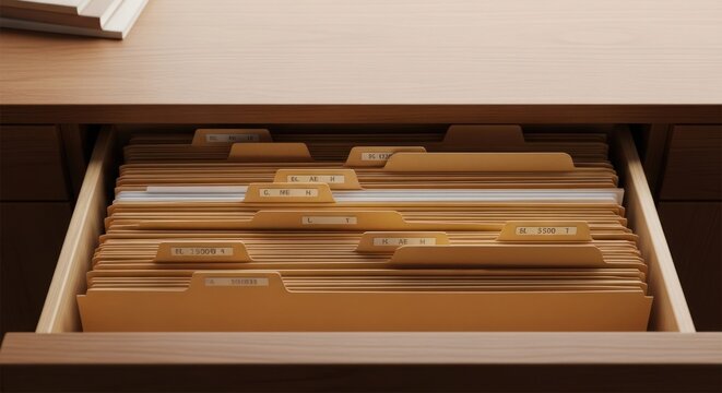 Open wooden desk drawer full of manila file folders, labels visible