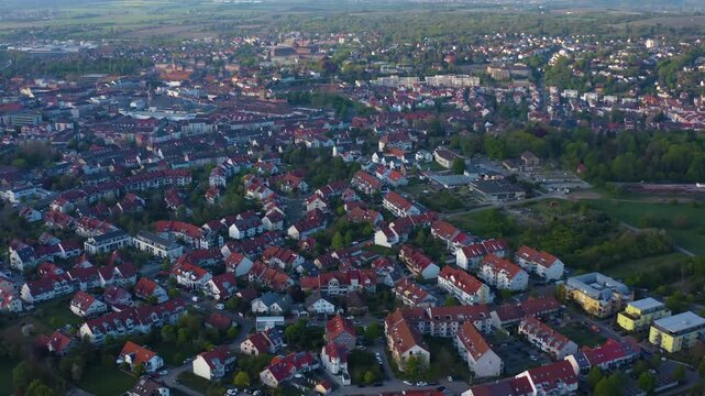 Aerial view of the city Bruchsal in Germany on a cloudy spring day 