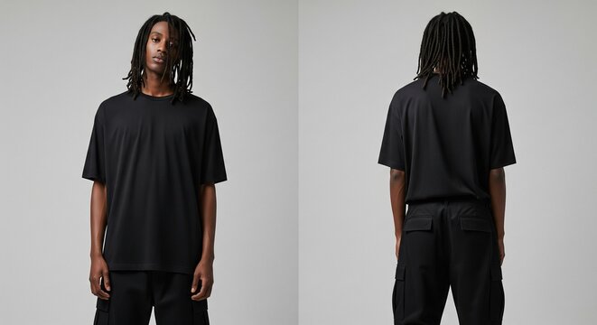 Front and back view of a Black man with dreadlocks wearing an oversized black t-shirt and black cargo pants against a solid gray background