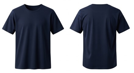 Front and back view of a blank navy blue t-shirt for design template on a clean white backdrop perfect for fashion and apparel mockups