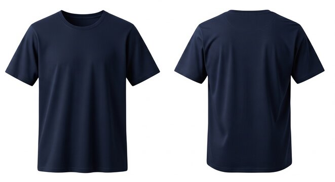 Front and back view of a blank navy blue t-shirt for design template on a clean white backdrop perfect for fashion and apparel mockups