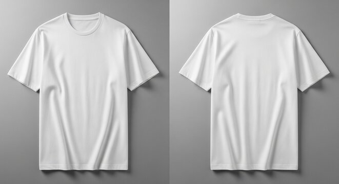 Front and back view of a blank white cotton t-shirt mockup laid flat on a neutral gray backdrop for easy customization and design template usage