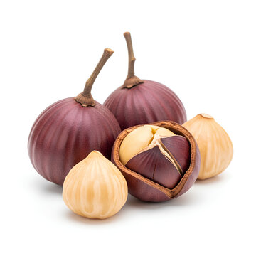 A pile of fresh purple star apples and star apple seeds on a white background.