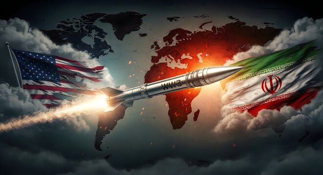 A conceptual illustration depicting a missile labeled ww3 flying between american and iranian flags