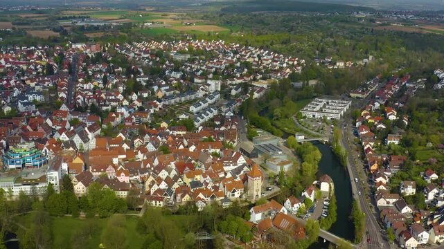Aerial view of the city Waiblingen in Germany on a sunny spring day 