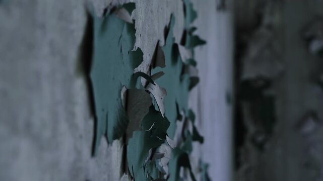 Detailed side view of a deteriorating wall with peeling plaster and visible decay. Texture of damaged surface in an abandoned building, showing aging and neglect.