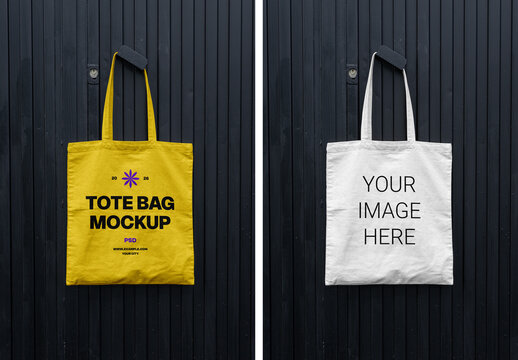 Tote Bag Hanging on Black Doors Mockup