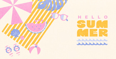 Fototapeta premium Greeting summer textured banner. Party place top view. Beach umbrella, sunglasses, watermelon, seashells and ball. Summer positive vibe design. Template for sales, posters, covers, ads. Vector