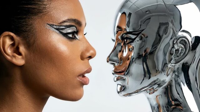 African American woman transforming into android in profile view. Human face morphing to metallic robotic form. Cyber identity fusion and futuristic technology concept.
