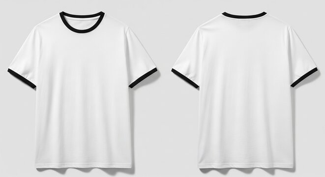 Front and back view of a blank white t-shirt with black trim; a clean classic apparel design on a neutral background for easy customization