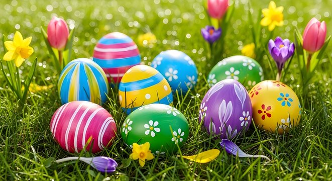 Vibrant Easter eggs decorated with stripes and floral patterns sit amidst green grass and blooming spring flowers, symbolizing renewal and celebration