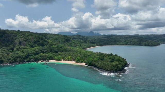 Tropical sand beach on S&atilde;o Tom&eacute; and Pr&iacute;ncipe, drone perspective