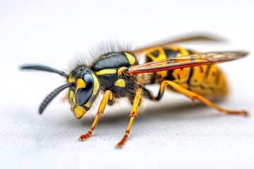 Naklejka premium High-detail macro image of a wasp with striped body against a seamless white background