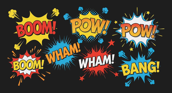 Colorful comic book explosion effects with stylized lettering and starbursts creating a dynamic and impactful visual scene silhouette high quality