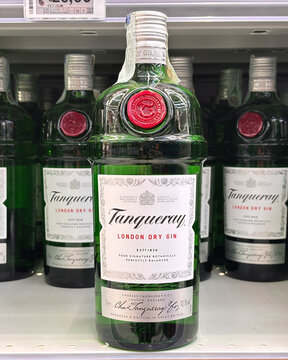 Tanqueray London Dry Gin bottle, displayed on the shop shelf. Udine, Italy, February 9, 2026