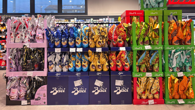 display of Easter eggs, mainly from the Baci Perugina and Lindt brands. Udine, Italy, March 14, 2026