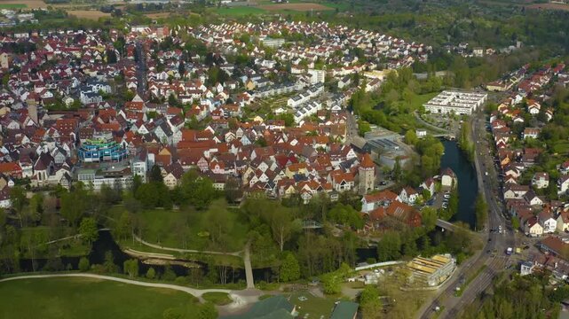Aerial view of the city Waiblingen in Germany on a sunny spring day 