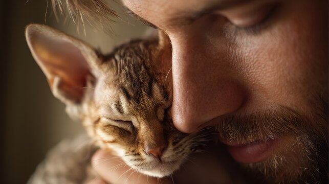Joyful cuddle between a young man and a Devon Rex kitten in a comfortable domestic scene