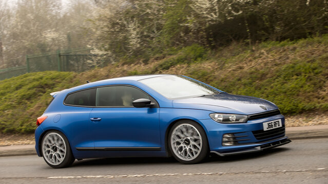 Milton Keynes,Bucks,UK - Mar 22nd 2026:   2017 blue Volkswagen Scirocco  gt car driving on a British road