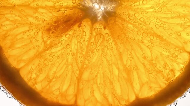Macro orange slice floating in sparkling liquid with bubbles on white background. Bright citrus texture with juicy pulp for beverage ads, summer refreshment, healthy nutrition and abstract use