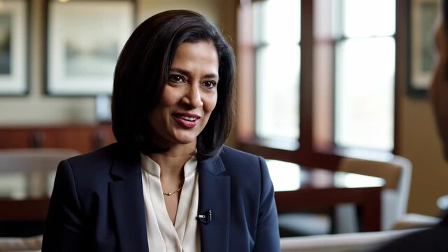 smiling indian businesswoman in suit talking during corporate meeting in modern office. professional manager, executive leader, financial consultant. business interview, presentation
