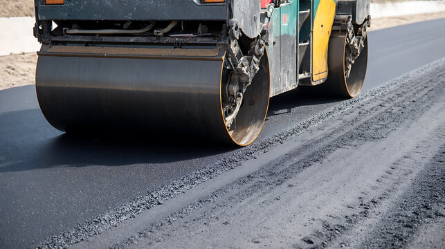 Heavy construction road roller compact asphalt pavement on a new highway. Large industrial machine flatten fresh black tarmac surface at work site