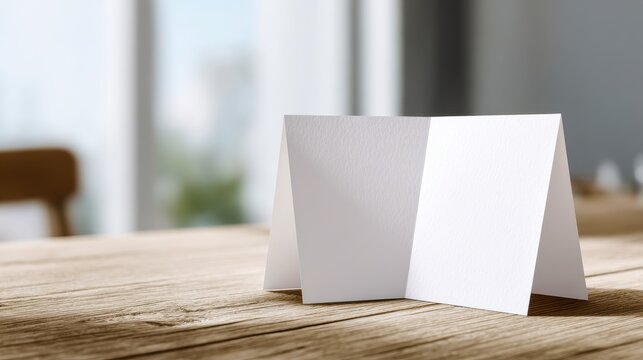 Minimalist two-panel table tent display on a light wood surface
