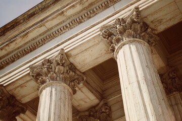 Fototapeta premium Neoclassical marble pillars on a grand building facade, close-up of fluted columns and carved capitals