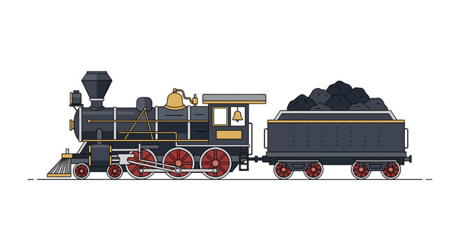 A vintage black and gold steam locomotive with a coal car is illustrated on a white background.