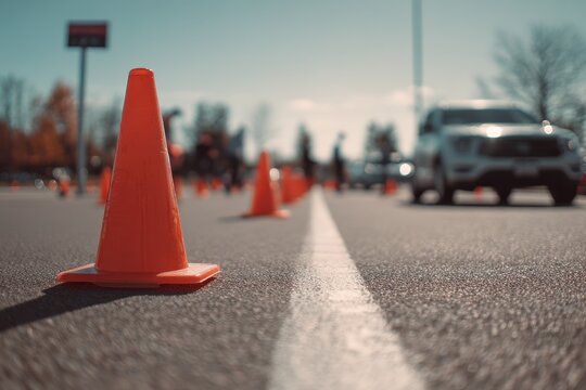 Learner driver training on a marked asphalt course with safety cones and road lines