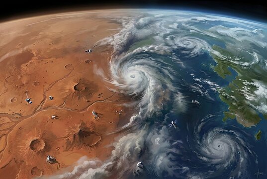 Terraforming Mars: Split View of Red Desert and Thriving Blue-Green Planet with Dramatic Atmospheric Clouds from Orbit