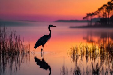 Obraz premium Crane silhouette at sunset over a tranquil lake with warm golden light