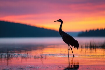 Obraz premium Graceful bird silhouette against a glowing sky over calm waters