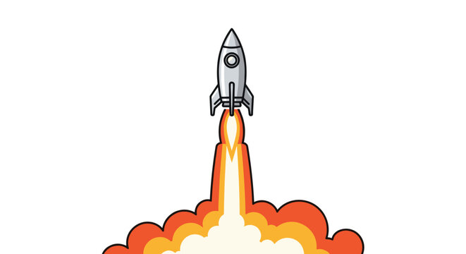 A silver-gray rocket is launching vertically with a fiery exhaust plume on a plain white background.