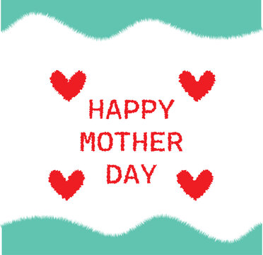 Happy Mother's Day vector illustration with red hearts and teal wavy borders on white background